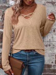 Crisscross V-neck Long Sleeve T-shirt in Pure Black, product detail