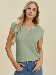 Sage knit tee with cap sleeves and a keyhole neckline