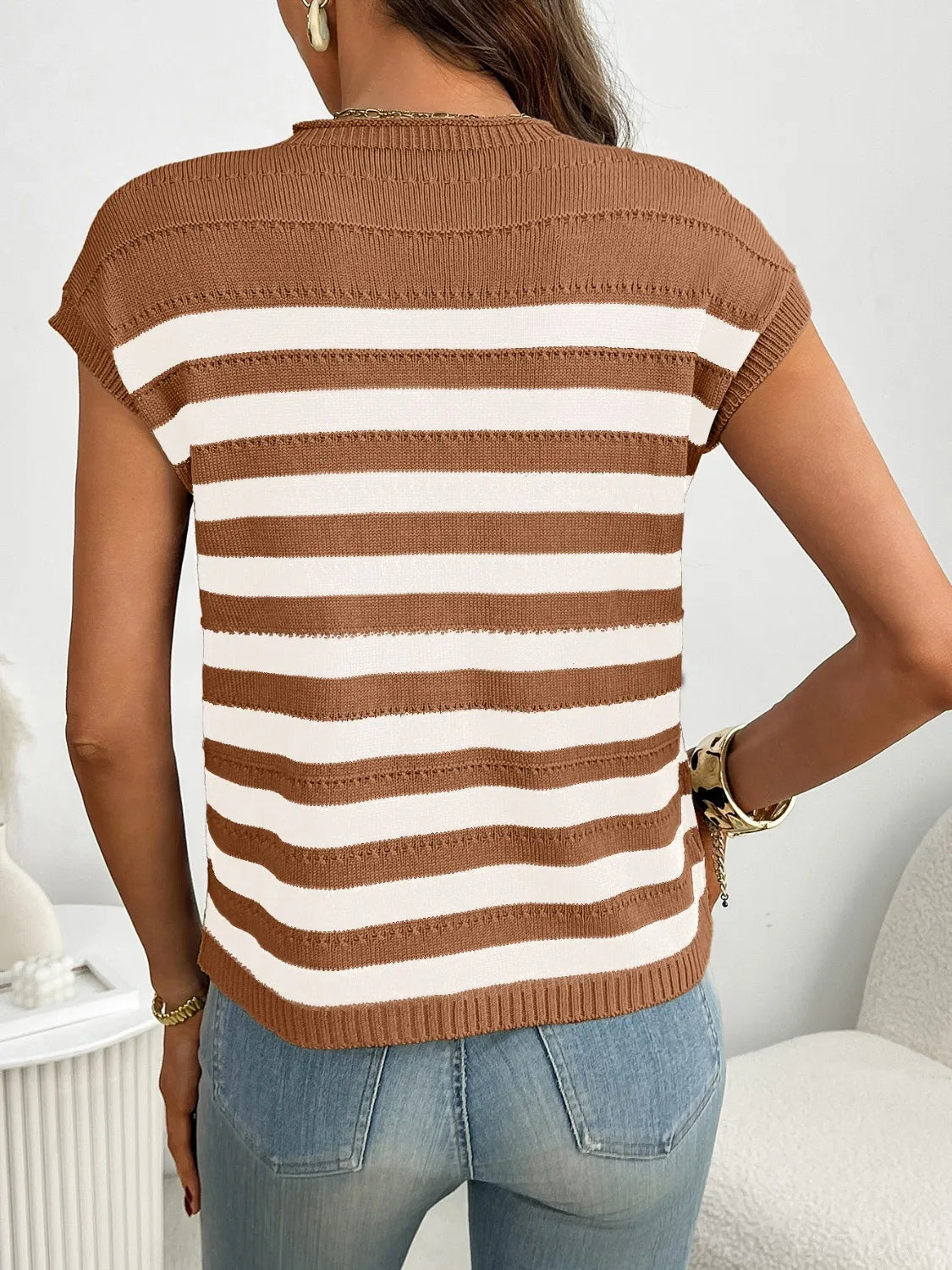 Striped knit t-shirt in caramel and white with short sleeves and a crew neck.