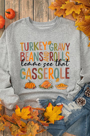 Gray graphic sweatshirt with Thanksgiving food and text print.
