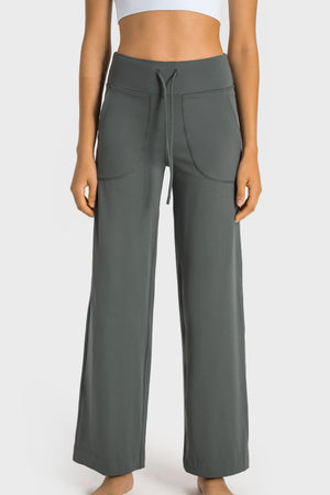 Gray utility pocket wide-leg lounge joggers with drawstring waist