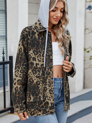 Leopard print utility denim jacket with a removable grey hood and front pockets.