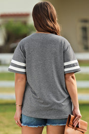 Dark gray t-shirt with white varsity stripes on the sleeves.