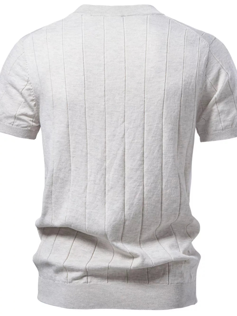 Light blue ribbed knit sweater for men, short sleeves, crew neck, comfortable cotton fabric.