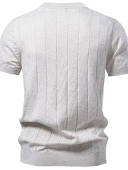 Light blue ribbed knit sweater for men, short sleeves, crew neck, comfortable cotton fabric.