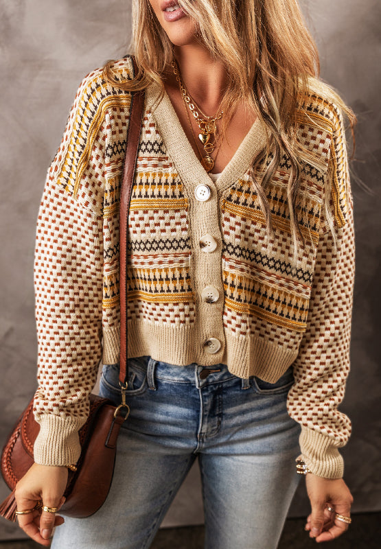 Geometric knit cropped cardigan in khaki with button front and V-neck.