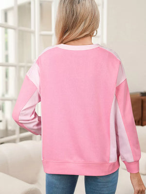 2-tone Color Block Patchwork Sweatshirt in Pink, side view