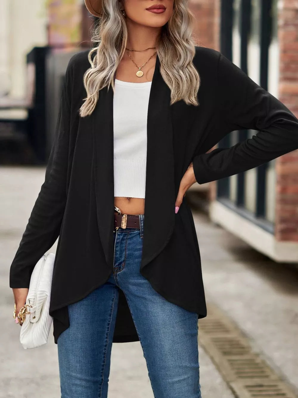 Open-front Dropped Shoulder Cardigan in Black with dropped shoulder