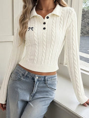 Cable Knit Long Sleeve Sweater in White, close-up detail