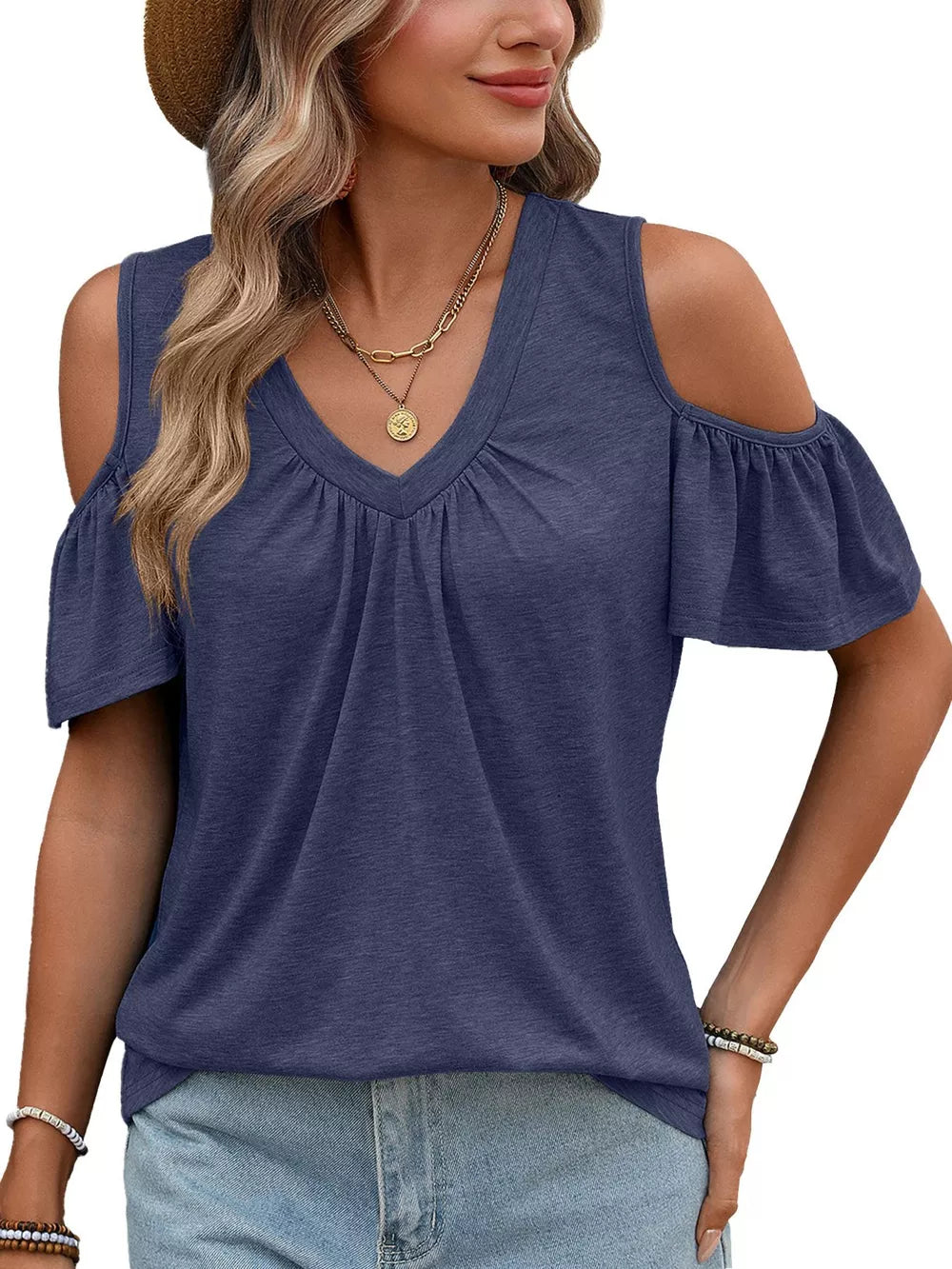 Navy blue ruched cold shoulder t-shirt with V-neck and short sleeves.