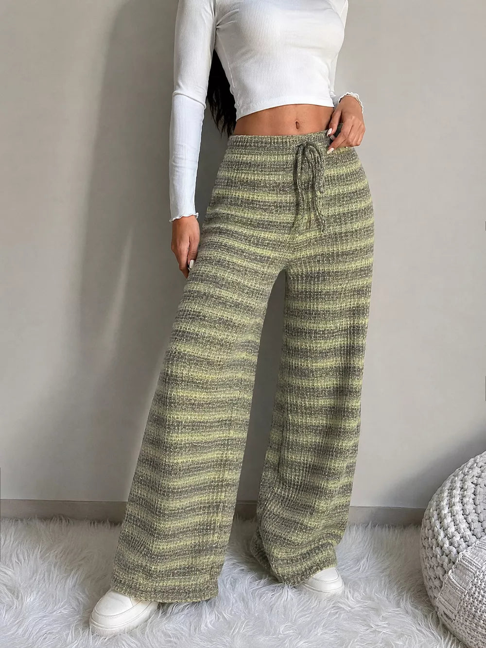 Striped Knit Wide-leg Pants in Army Green, close-up detail