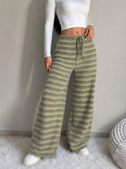 Striped Knit Wide-leg Pants in Army Green, close-up detail