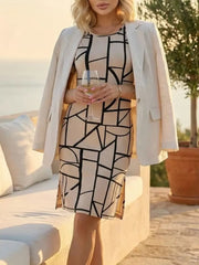 Full Size Geometric Print Midi Dress With Side Slit in Beige, back view