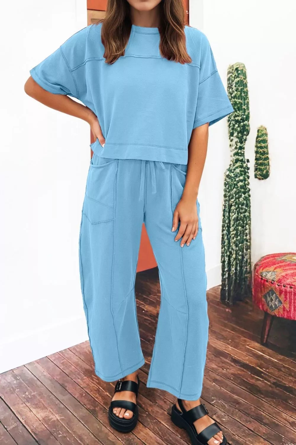 Blue cotton boxy tee and relaxed barrel pants set with crew neck and pockets