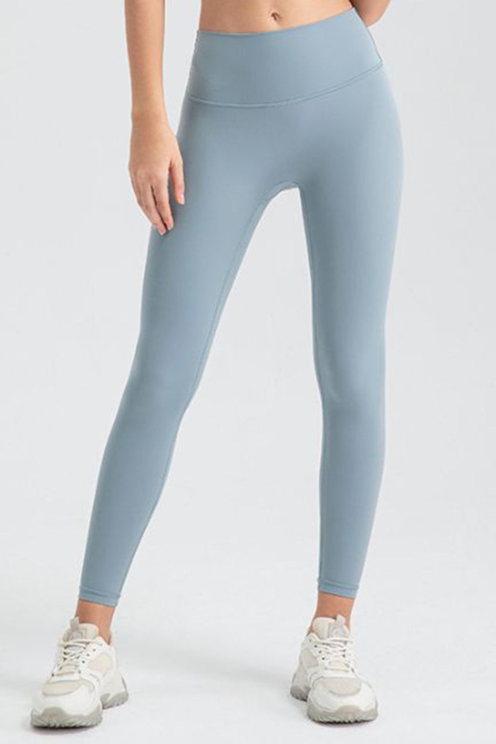 Women's Misty Blue high-waisted sculpted contour leggings with a seamless fit.