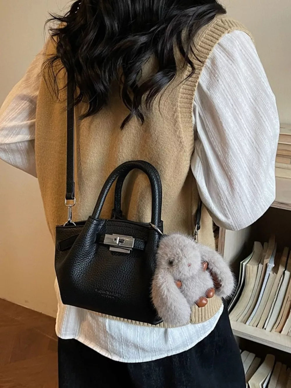 Top Handle Leather Crossbody Bag in Black, side view