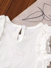 Children's Cherry Embroidered Top And Denim Shorts Set in White, close-up detail