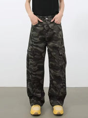 Camo print wide-leg cargo jeans with multiple pockets.