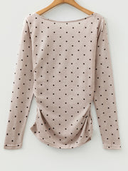Khaki polka dot long-sleeve tee with boat neck and ruched side detail