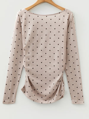 Khaki polka dot long-sleeve tee with boat neck and ruched side detail