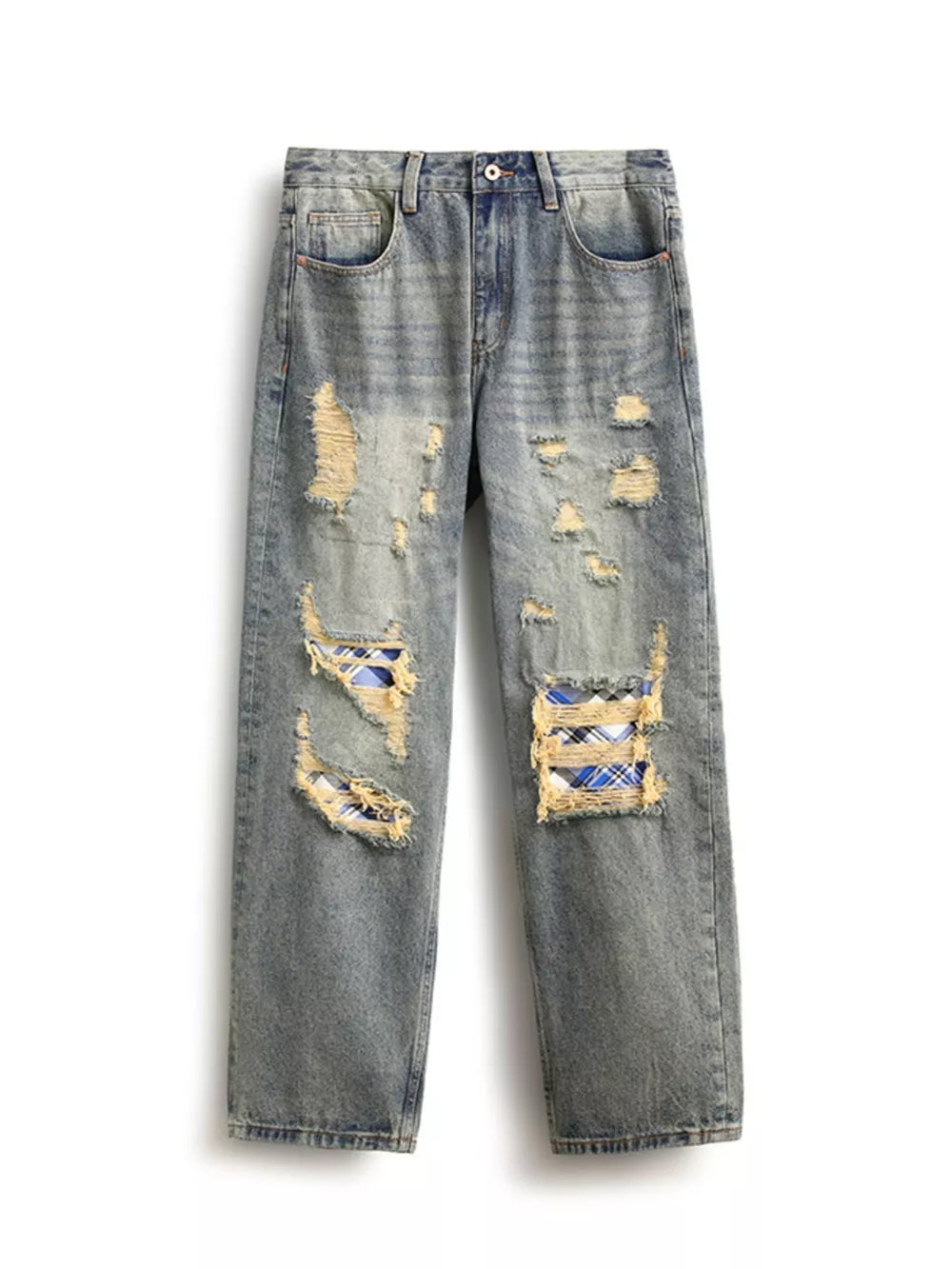 Distressed blue plaid wide leg jeans with ripped details and cotton fabric.