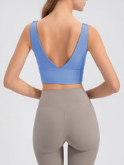 Light blue backless performance crop top with V-neck and tie shoulder detail