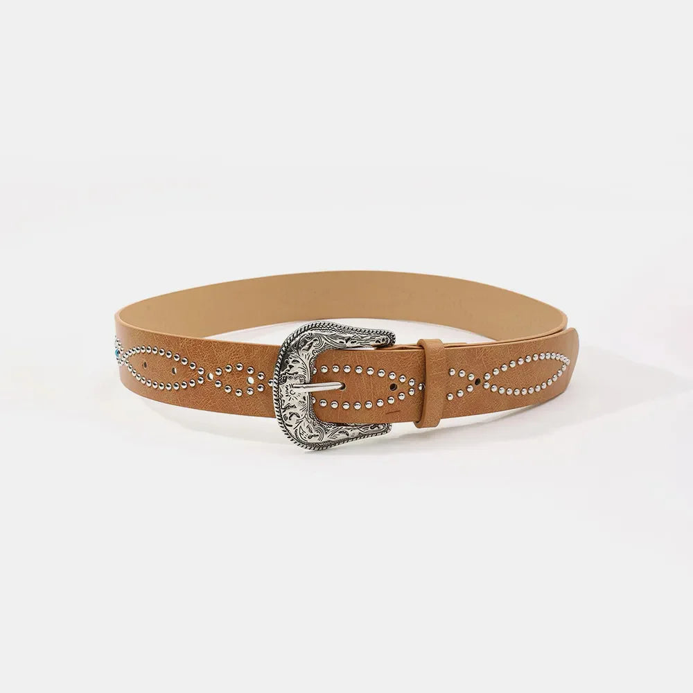Caramel faux leather belt with antique buckle and silver stud detailing.