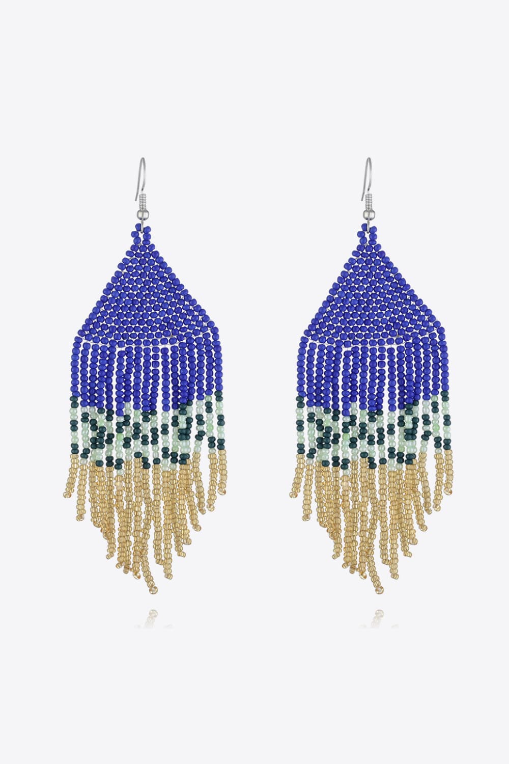 Geometric fringe beaded earrings in royal blue, green, and gold with a boho style.