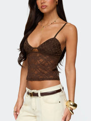 Brown sheer floral lace cami with adjustable straps and cutout detail