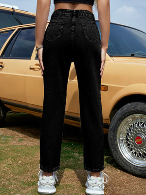 Black high-waisted tapered denim trousers with buttoned closure and casual chic style.