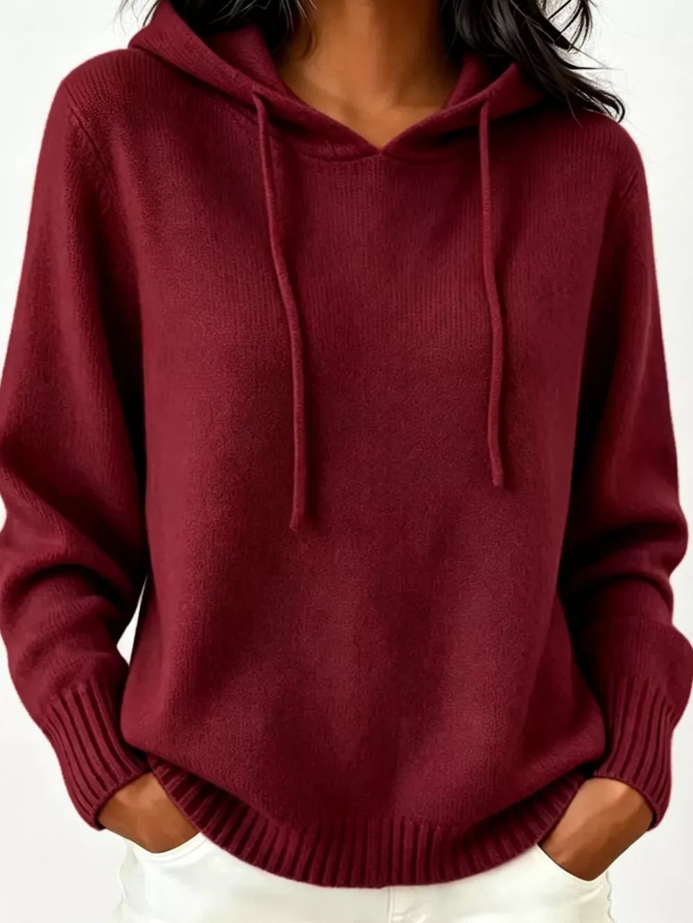 Cozy Ribbed Long-sleeve Hooded Sweater in White, alternate angle
