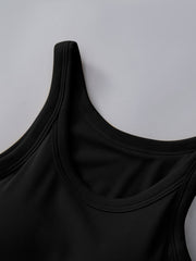 Black ribbed knit tank top with built-in bra and scoop neckline.
