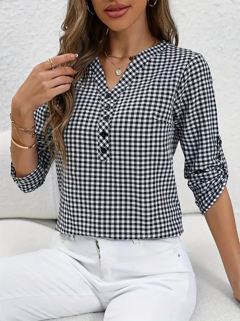 Gingham Button Detail Blouse in Black, close-up detail
