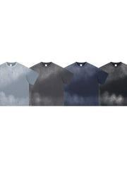Oversized t-shirts in gray, dark gray, navy, and black with a paint splatter pattern.