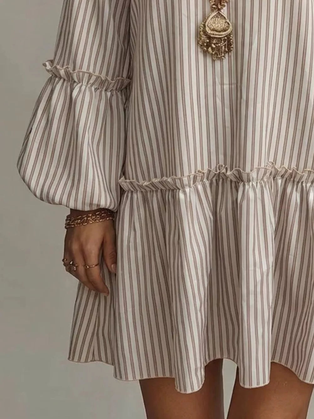 Striped Balloon Sleeve Mini Dress Plus Size in Light Green, product detail