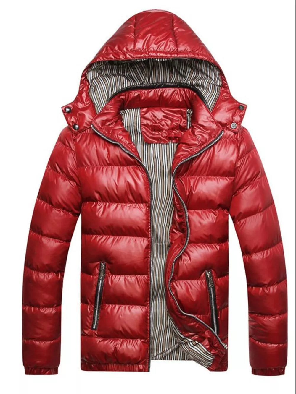 Red hooded puffer jacket with striped lining and zip pockets