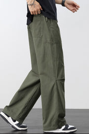 Army green cargo pants with adjustable drawstring and multiple pockets.