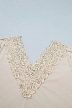 Lace Trim V Neck Long Sleeve Patchwork Shirt, alternate angle