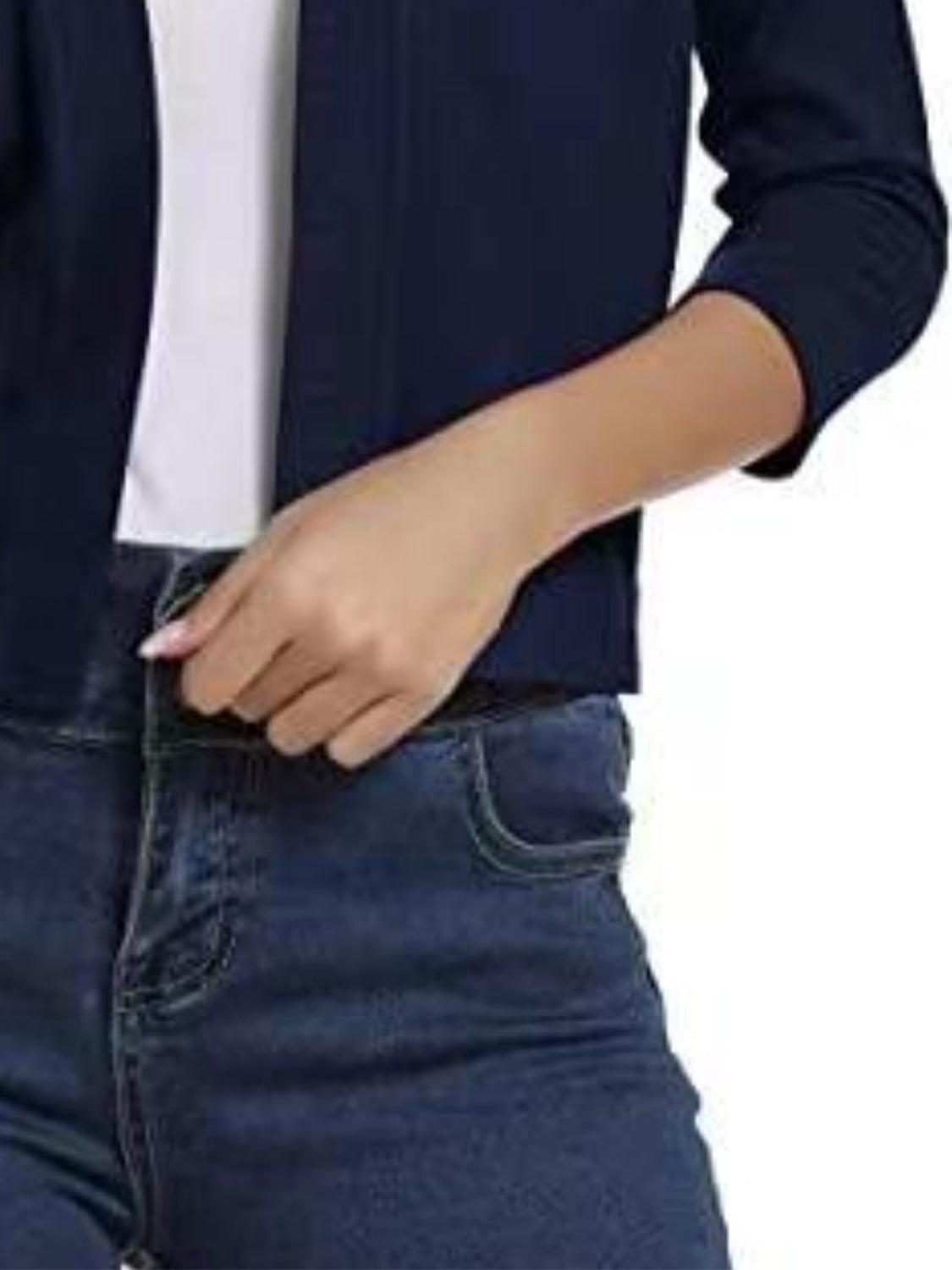 Dark Navy cropped knit cardigan with elbow sleeves, open front, and casual styling.