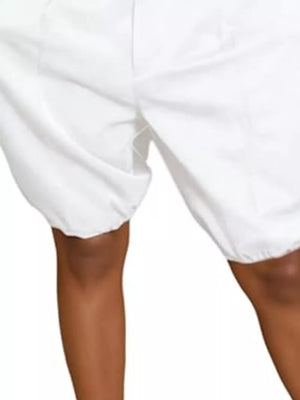 White pleated high-waisted shorts with drawstring detail and balloon leg