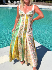 Sweetheart neck a-line maxi dress with floral print panels in green, pink, and yellow.
