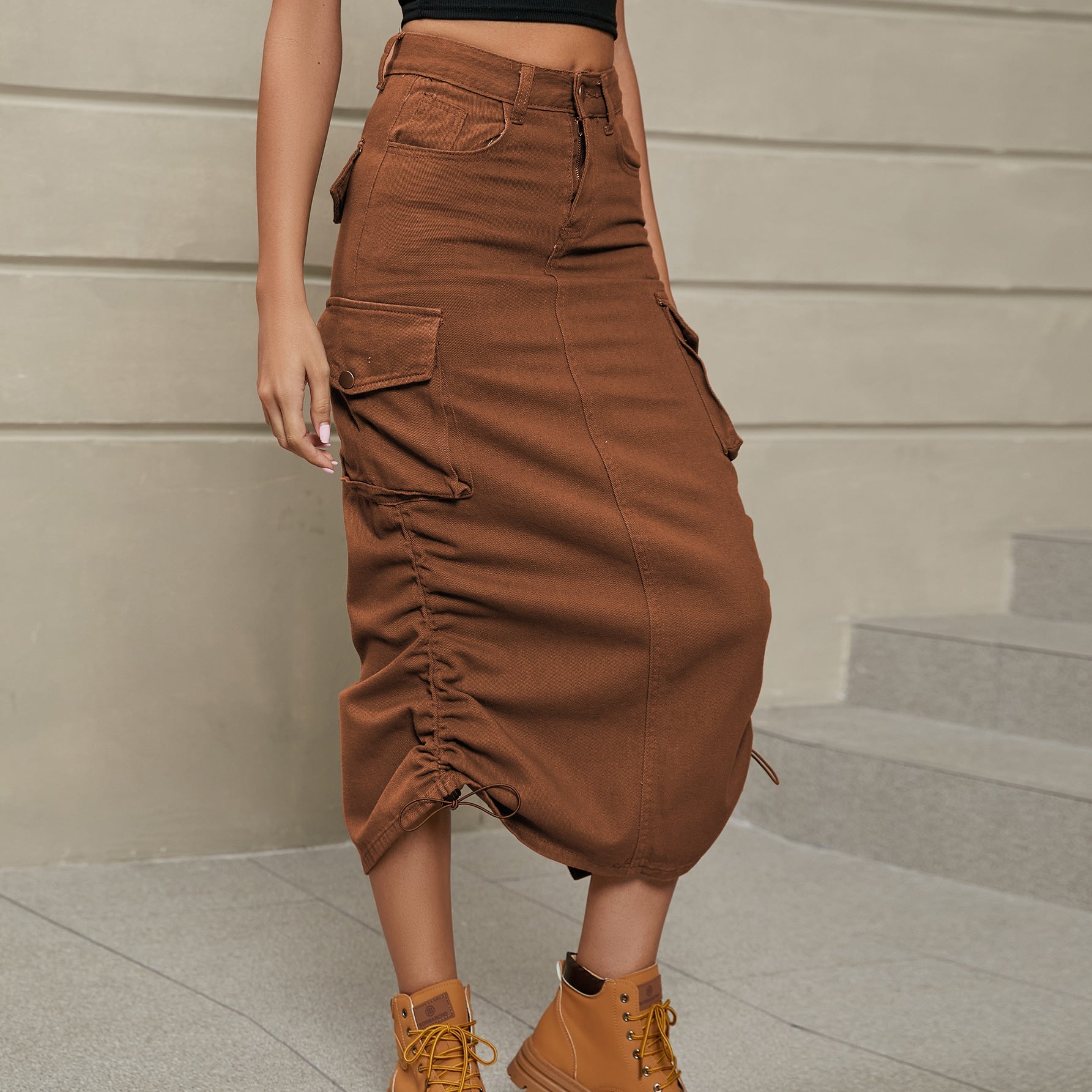 Cargo denim midi skirt in chestnut with adjustable ruching and pockets