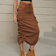 Cargo denim midi skirt in chestnut with adjustable ruching and pockets