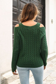 Dark green acrylic cable knit pullover sweater with cold shoulder and V-neckline.
