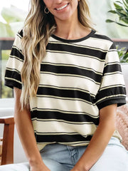 Classic striped crew neck tee in black and cream, with short sleeves and a relaxed fit.