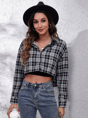 Checkerboard cropped shirt jacket in plaid with button front and collar.