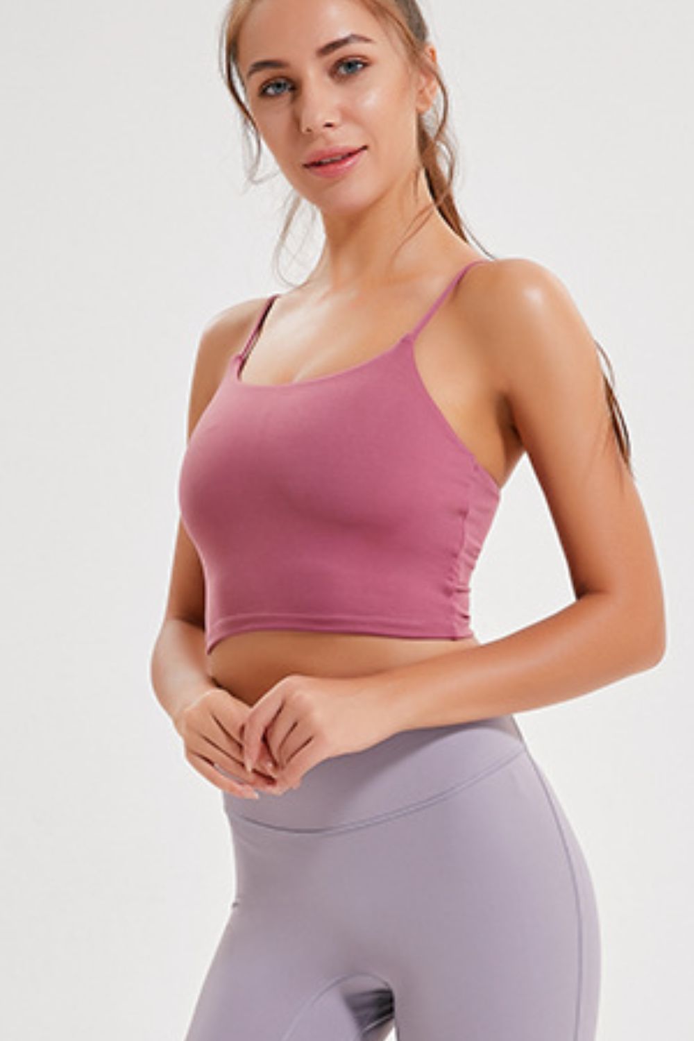 Cerise sculpted scoop neck crop top with ruched sides and thin straps
