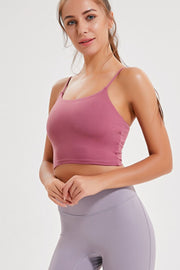 Cerise sculpted scoop neck crop top with ruched sides and thin straps
