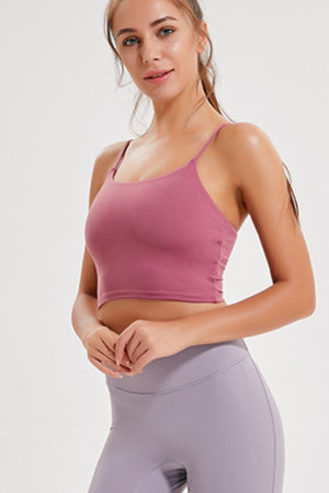 Cerise sculpted scoop neck crop top with ruched sides and thin straps