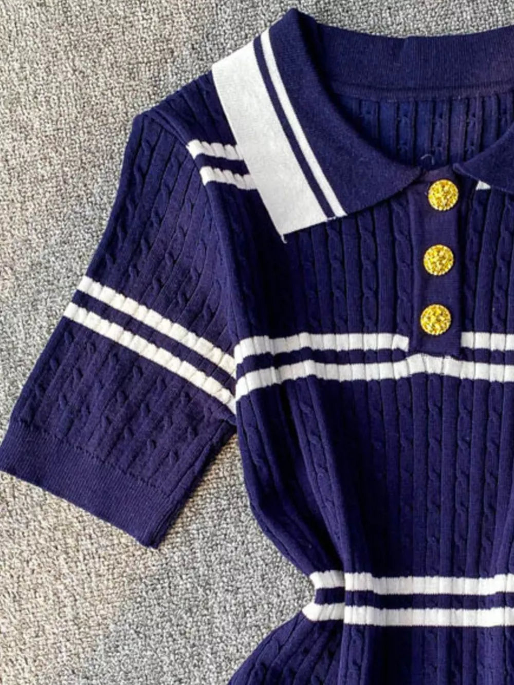 Navy cable knit polo t-shirt with white stripes and gold buttons